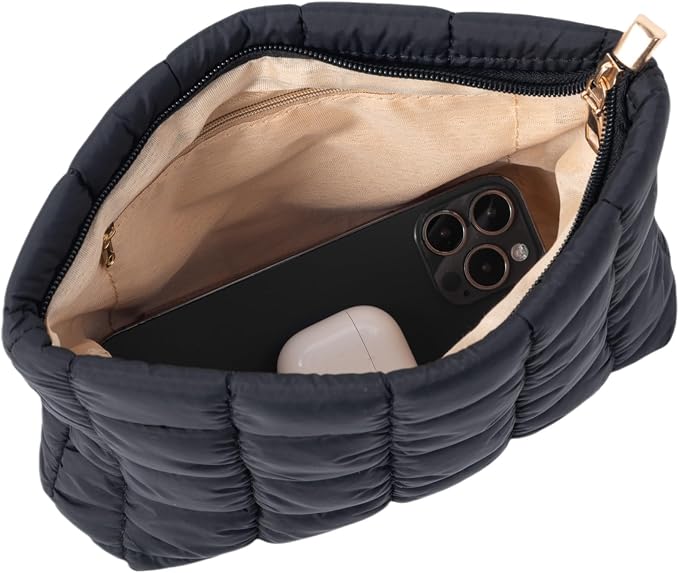 Soft Quilted Puffy Makeup Bag Bulk for Women, Aesthetic Puffer Cosmetic Bag Pouch for Purse (Black 5)