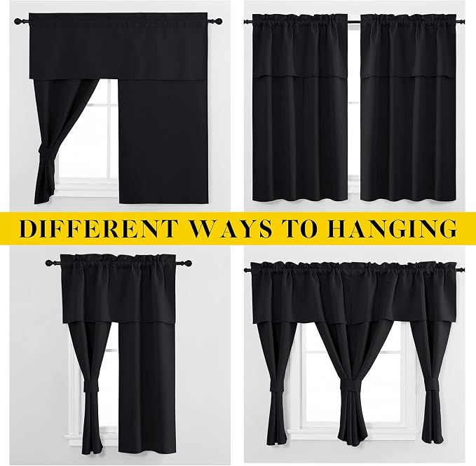 NICETOWN Black Blackout Curtains with Attached Valance, Solid Room Darkening Window Treatment Drapes/Draperies for Bedroom (2 PCs, 52 inches Wide by 45 inches Long)