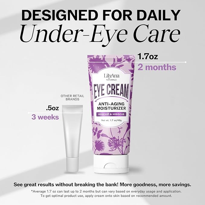 LilyAna Naturals Eye Cream for Dark Circles and Puffiness, Under Eye Cream for Wrinkles and Bags, Anti Aging - helps Improve Dryness; for Sensitive Skin - 1.7 oz - Made in USA