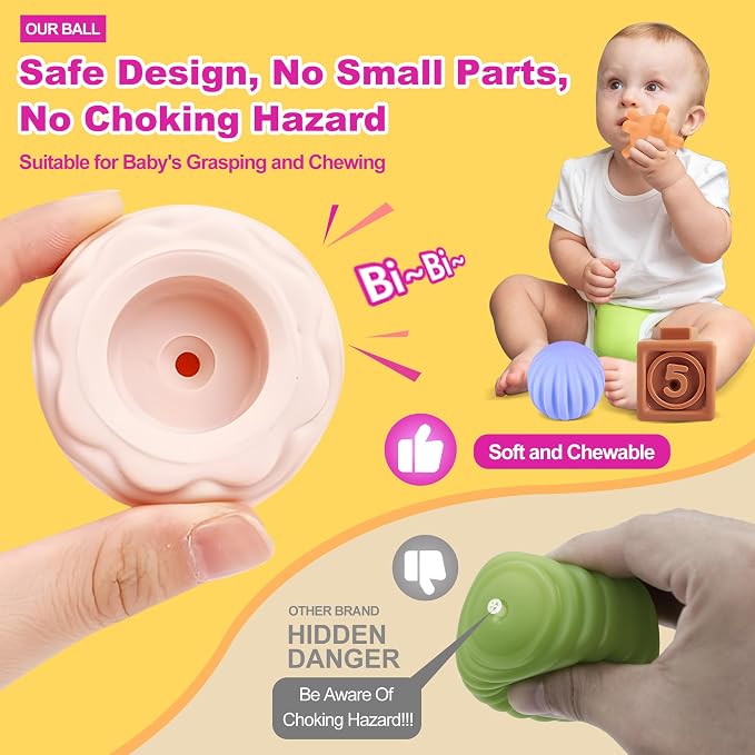 Baby Toy Set, 3 in 1 Baby Blocks, Teething Rings & Sensory Balls 6M+ | 18PCS Soft Pastel Set, Soft Blocks, Teething Rings, Sensory Balls, Number & Fine Motor Play, Activity Gifts for Toddlers