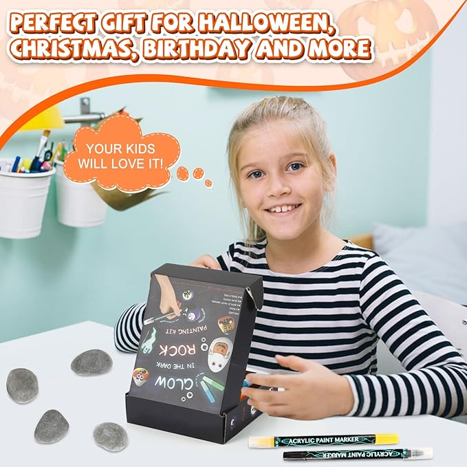 JULEASEL Rock Painting Kit, Glow in The Dark Rock Craft Paint Kits, Arts and Crafts for Kids Ages 6-12, Holiday DIY Crafts for Girls & Boys with Mess-Free Pens Markers