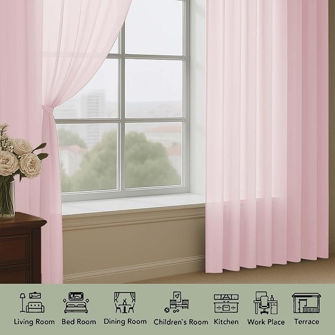 OWENIE Extra Long Blush Sheer Curtains 96 Inches Long 2 Panels Set, Soft Lightweight Airy Voile Sheer Curtain for Bedroom Living Room, Rod Pocket Solid Color Farmhouse Curtains, 59" Wx96 L Inch