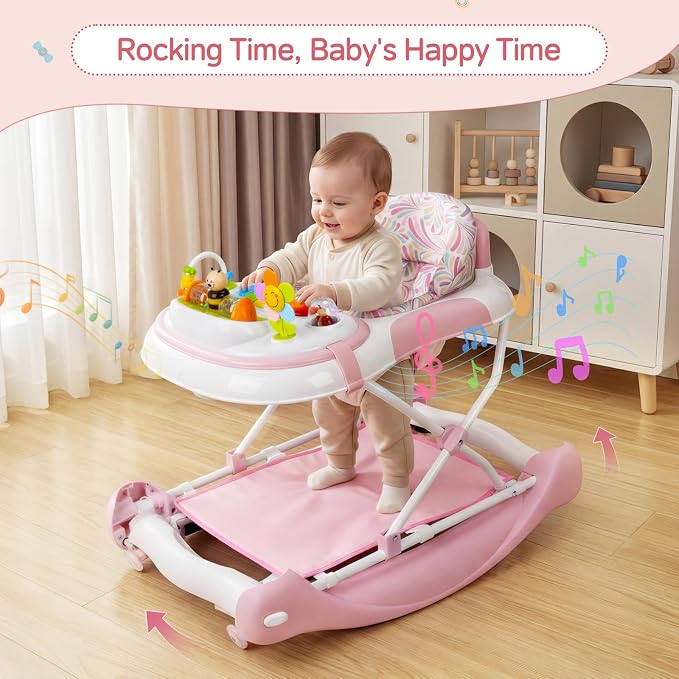 5 in 1 Baby Walker, Music and Lights Foldable Baby Walker with Wheels, 3 Adjustable Heights, with Bouncer Combo, Rocker, Activity Walker for Baby Boy and Girl 6-18 Months (Pink)