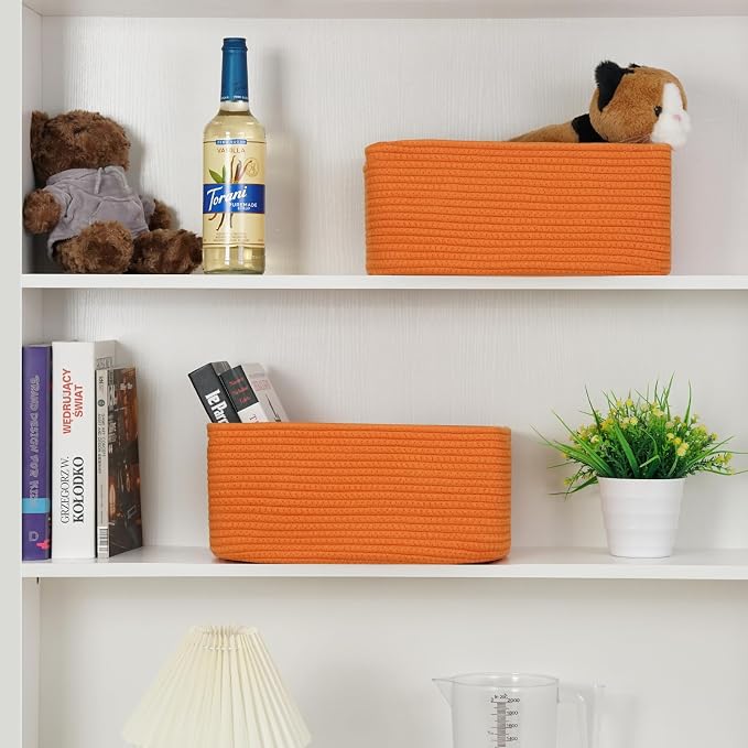 3 Pack Small Storage Baskets for Organizing, 11.8×7.8×5.1", Orange | Woven Baskets for shelves, Cotton Rope Basket for Gifts Empty, Closet Organizer Bins with Handles, Cube Decorative Box