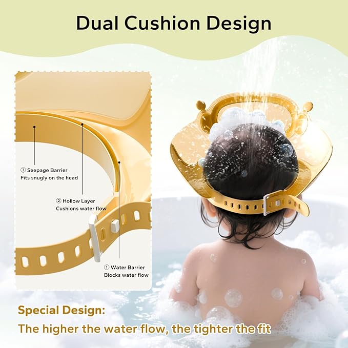 FUNUPUP Baby Shower Cap Toddler Hair Washing Shield Adjustable Bath Visor for Kids Shampoo Hat with Eyes Ears Cover 1-15 Years Boys Girls Essentials for Bath Time, Yellow