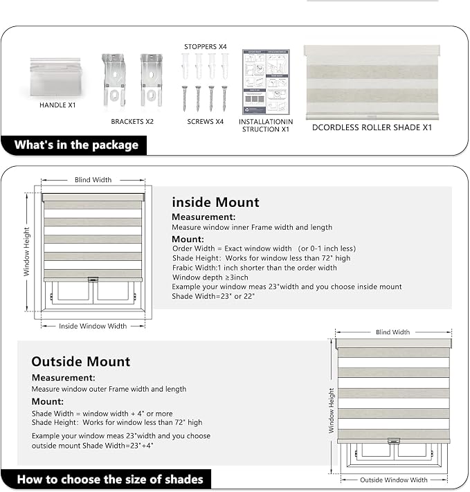 AOSKY Cordless Zebra Blinds for Windows Pull Down Roller Window Shades Dual Layer Light Filtering Privacy for Day and Night, Free-Stop Door Shades for Home Easy to Install Linen Cream 45" W X 72" H