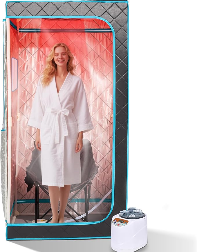 Portable Steam Sauna– Red Light Therapy Home Sauna Tent with 3L & 1500W Steamer, Remote Control Time & Temperature Settings, Foldable Chair Included for Relaxation