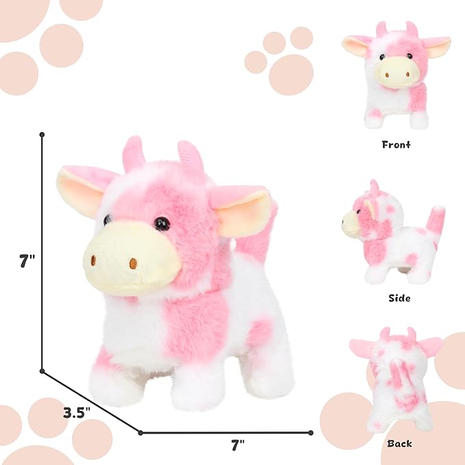 Easfan Walking Pink Cow Interactive Electronic Pet Plush Toy with Sounds and Movements Hopping Moving Educational Plush Toy Easter Birthday Gifts for Kids Girls, 7'',Pink