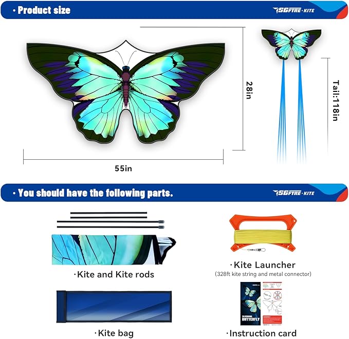 SGftre Green Butterfly Kite Premium Quality, Easy to Fly Perfect Outdoor Toy for Kids and Adults,Beach and Park Kite for Family Outdoor Games & Activities(Silverwing Butterfly)