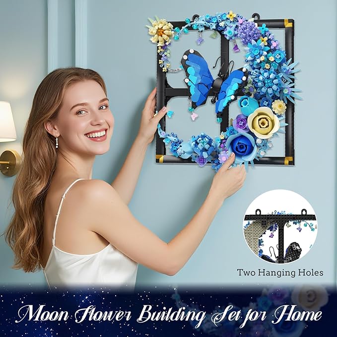 Moon Flower Building Set with Lights, 1141 PCS Wall Botanical Flowers Building Block Kit with Butterfly, Floral Plant Collection Office Home Decor, Gift for Her Adults Women Boys Girls 12+