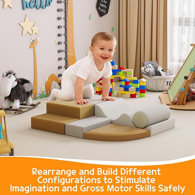 IDEALHOUSE Toddler Climbing Toys, 6 Pieces Soft Foam Blocks for Toddlers, Lightweight Foam Climbing Blocks for Crawling & Sliding，Easy Clean Indoor Active Play for Kids, Yellow
