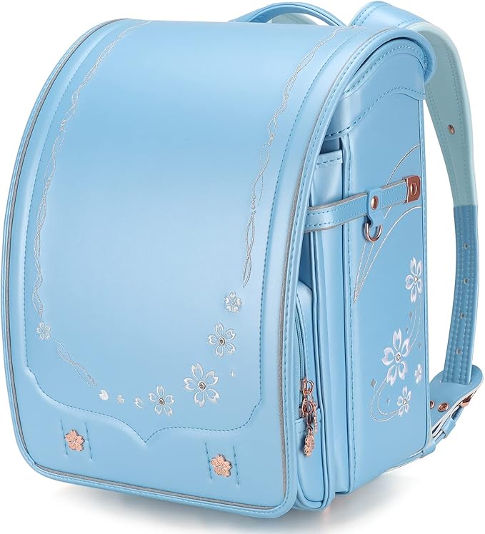 IwaiLoft Ransel Randoseru Backpack Automatic Satchel Japanese School Bag Cherry Blossom Sakura Embroidery PU Bookbag for Girls (Blue)