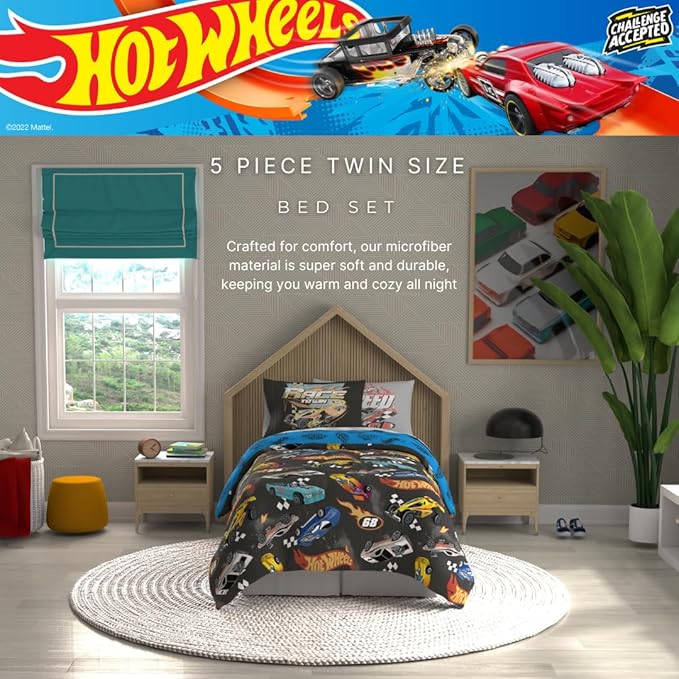 Hot Wheels Kids Bedding Super Soft Comforter and Sheet Set with Sham, 5 Piece Twin Size, (Officially Licensed Product) By Franco