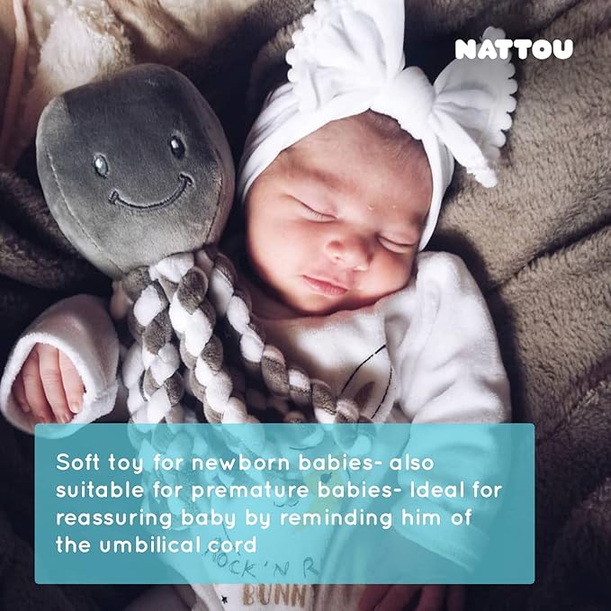 Nattou Cuddly Octopus Toy, for Newborns and Premature Babies, 23 cm, White/Grey