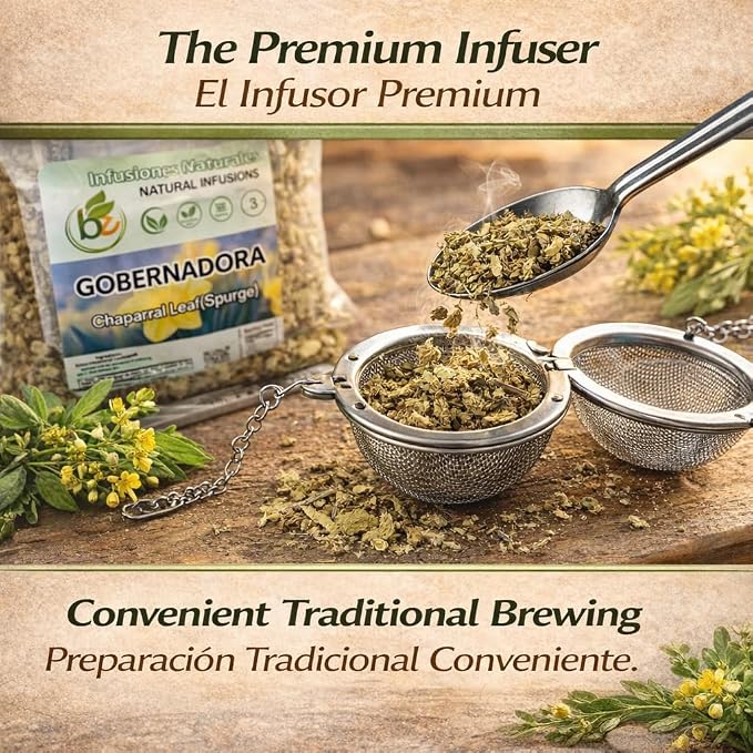 Gobernadora Tea (Chaparral Leaf) 4 oz with Stainless Steel Tea Infuser – 100% Natural Larrea tridentata – Traditional Desert Herb for Wellness – Wildcrafted, Caffeine-Free, Vegan – Authentic by BEXPERTSUSA