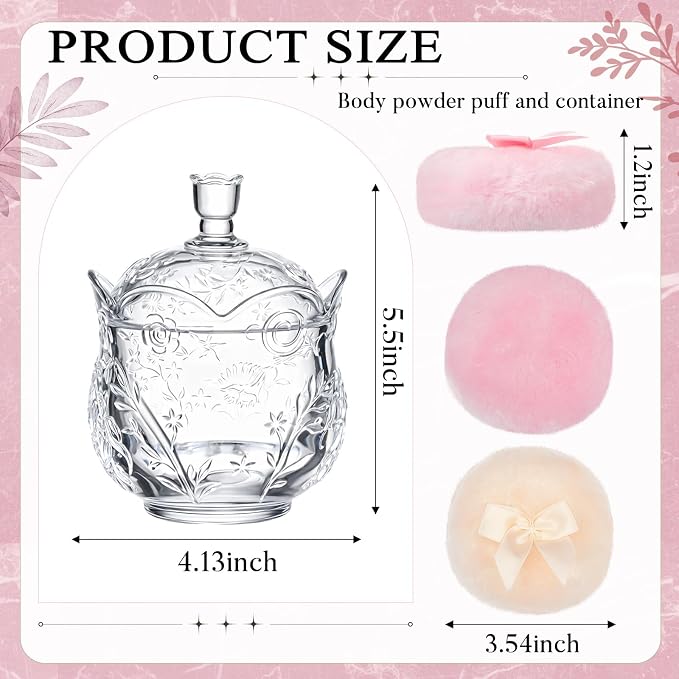 Tioncy 3 Pcs Large Body Powder Puff and Container Valentine's Day gift Powder Container with Puff Crystal Case Soft Washable Reusable Velour Face Body Glitter Wet Dry Makeup(Floral Embossed,Clear)