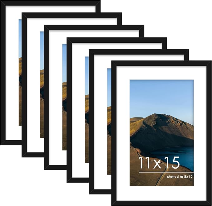 11x15 Picture Frame Set of 6, Wall Mount Display, Black | Display Pictures 8x12 with Mat or 11x15 without Mat,Horizontal or Vertical,Gallery Wall Frame Set,Wedding Birthday Gifts