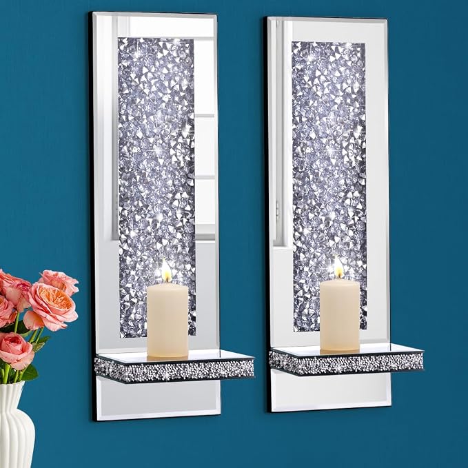 Mirrored Wall Candle Sconces Holder Set of 2, Wall Decor Living Room | Crystal Crushed Diamond Silver Wall Decorations, Ideal for Entryway, Hallway, Bedroom, Dining Room