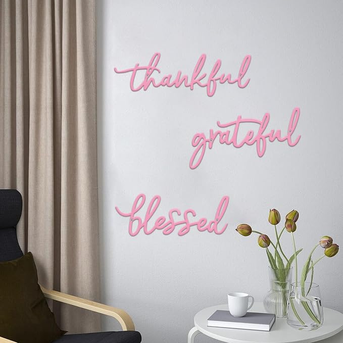 Thankful Grateful Blessed Letter Sign Metal Wall Decor, 3 Pieces Pink Letters Wall Art for Bathroom Bedroom Metal Words Wall Decor for Home Decor (Pink)