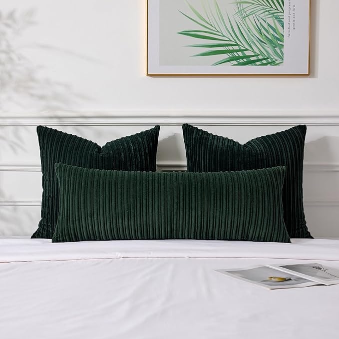 UGASA 14x36 Inch Christmas Pillow Cover Pack of 1 Soft Boho Stripe Corduroy Large Long Rectangle Lumbar Cushion Case Decorative Pilowcase for Bed, Couch, Sofa, Bedroom, Living Room, Dark Green