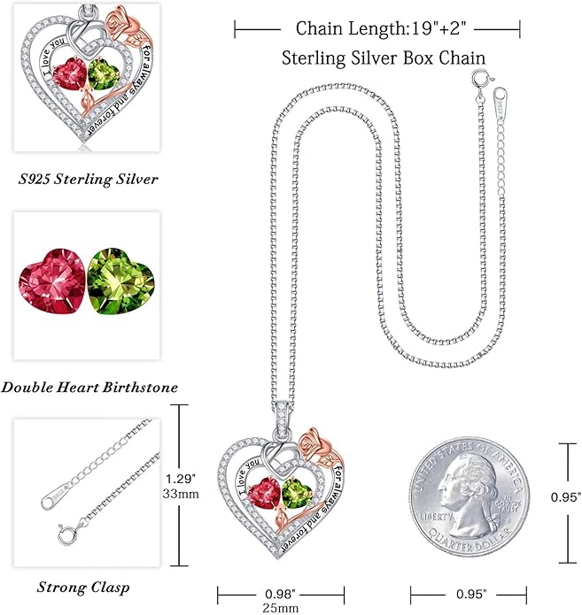 Iefil Valentines Day Gifts for Her Wife - 925 Sterling Silver Double Birthstone Necklace, Anniversary Birthday Gifts for Women, Jewelry Gift for Wife Girlfriend Mom Her