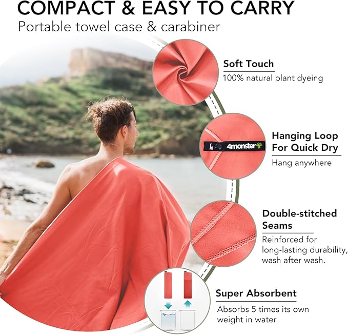 4Monster Quick Dry Travel Towel with Case & Carabiner – Super Absorbent Microfiber Gym & Camping Towel. Compact, Lightweight, Fast Drying for Beach, Swimming, Hiking, Backpacking