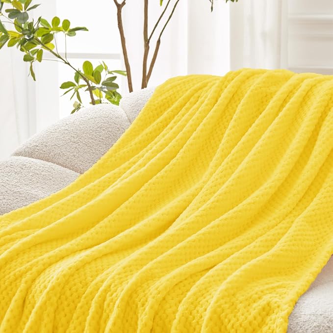 Exclusivo Mezcla Large Waffle Fleece Throw Blanket for Couch, Yellow | Lightweight Soft Blanket for Sofa, Bed, Living Room, Plush Fluffy Throw for Home Decor, Travel, All Season, 50x70 Inches