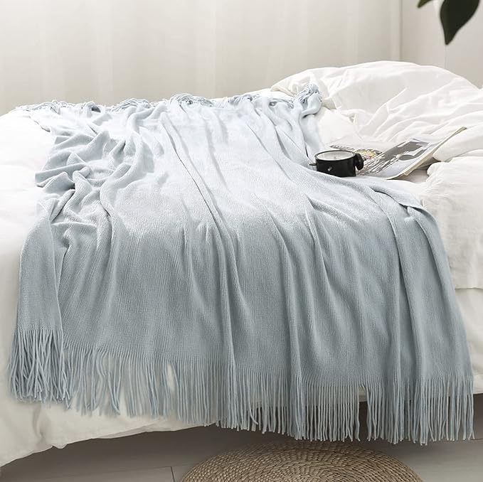 Homiest Pale Blue Knitted Throw Blanket with Fringe, 50x60 Inch | Pure Acrylic, Lightweight & Breathable, All-Season Use, Machine Washable, Wrinkle & Fade Resistant, for Couch Sofa And Bed