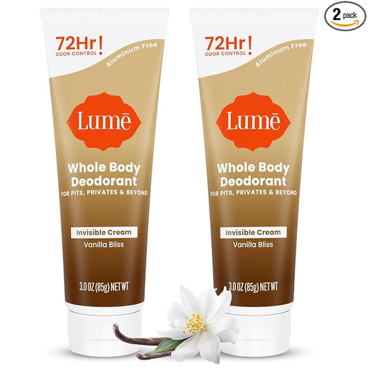 Lume Whole Body Deodorant - Invisible Cream Tube - 72 Hour Odor Control - Doctor Developed - Aluminum Free, Baking Soda Free and Skin Loving - 3.0 Ounce (Pack of 2) (Vanilla Bliss)