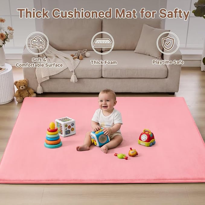 Baby Play Mat for Floor,Ultra Thick Elastic Foam 59"x59" Playmat Tummy Time Muscle Crawling Exercise Activity Cushion Gym Mat Nursery Playroom Area Kids Rug for Babies, Toddlers,Infants,Pink