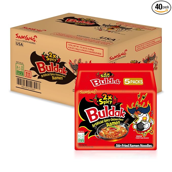 Samyang 2X Buldak Korean Spicy Chicken Stir Fried Ramen Extra Hot Spicy Noodles Authentic Ramyun 4.94 oz (Pack of 40)