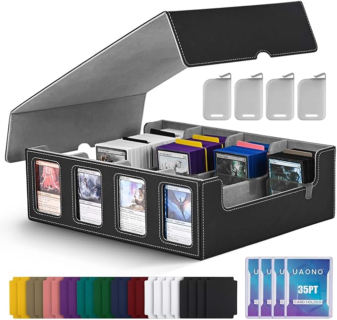 UAONO Trading Card Storage Box with Commander Display; 2400+ Deck Box for MTG with Removable Cover; Top Loaders Card Case fits Magic TCG PTCG Sports Cards; 24 Dividers, 4 Stoppers (Black, Grey)