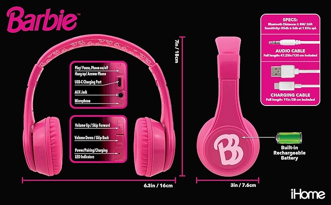 eKids Barbie Bluetooth Headphones, Pink Wireless Headphones with Microphone Includes Aux Cord, Volume Reduced Kids Foldable Earphones