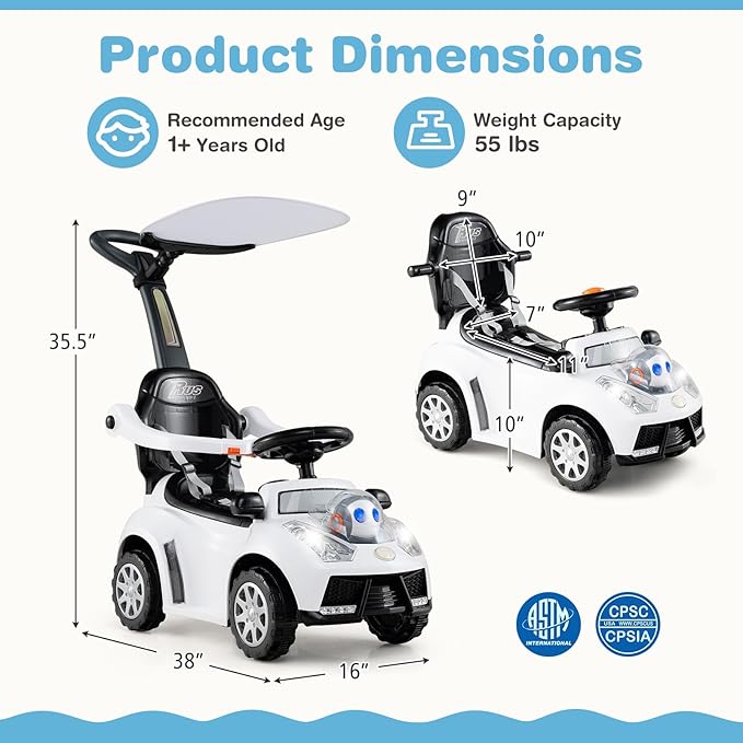 Costzon Push Car for Toddlers, 3 in 1 Stroller Sliding Walking Car with Handle, Canopy, Seat Belt, Horn, Music & Lights, Under-Seat Storage, Guardrail, Foot-to-Floor Ride On Toy for Boys Girls (White)