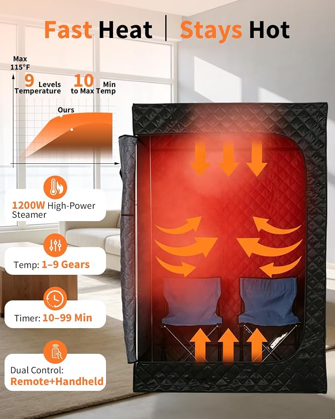 Garvee 2 Person Infrared Sauna, Portable Sauna for Home with 2 Steamer, 2 Folding Chair, Remote Control, 9 Temp Levels & 99 Min Timer, 35" x 48" x 71", Black