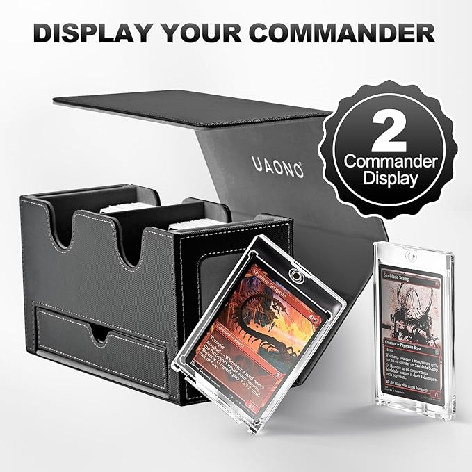 UAONO Card Deck Box for MTG, Double Storage Box with 2 Commander Display & 1 Dice Tray, Fits 200+ Double Sleeved, Organizer for CCG TCG Sports(Black Gray)