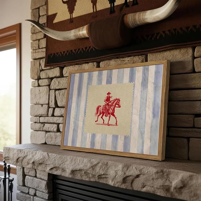 Vintage Western Wall Art, Mid Century Cowboy Rodeo Wall Decor, 12x16 in Framed, Striped Southwestern Poster Canvas Prints Country Horse Riding Artwork for Bedroom Living Room Farmhouse