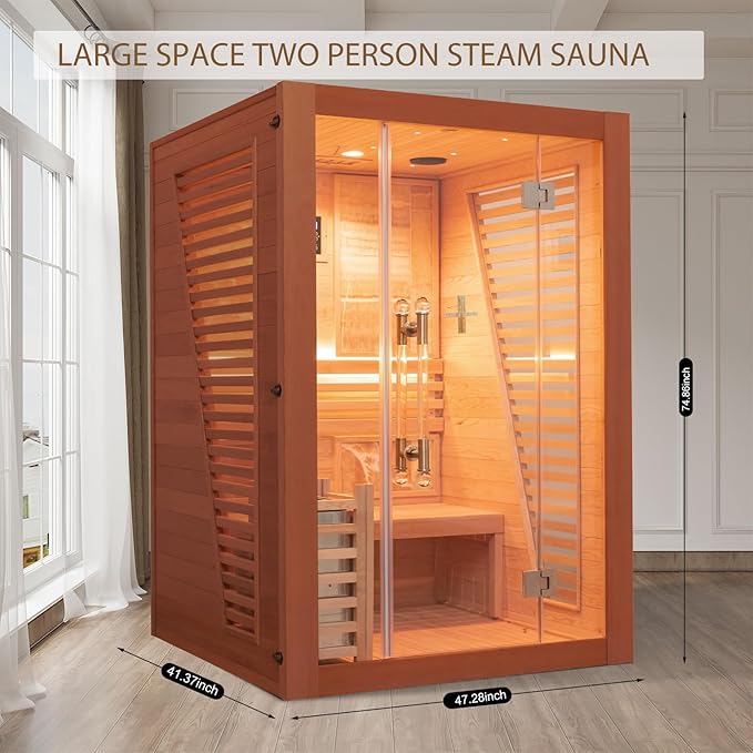 Smartmak Wood Home Steam Sauna, Customized WiFi Control 1-6 Person Canadian Hemlock/Red Cedar Traditional Luxurious Wooden Indoor Spa Room, Heating Stove, Speaker, Rocks, Water Bucket, Lights, 194℉