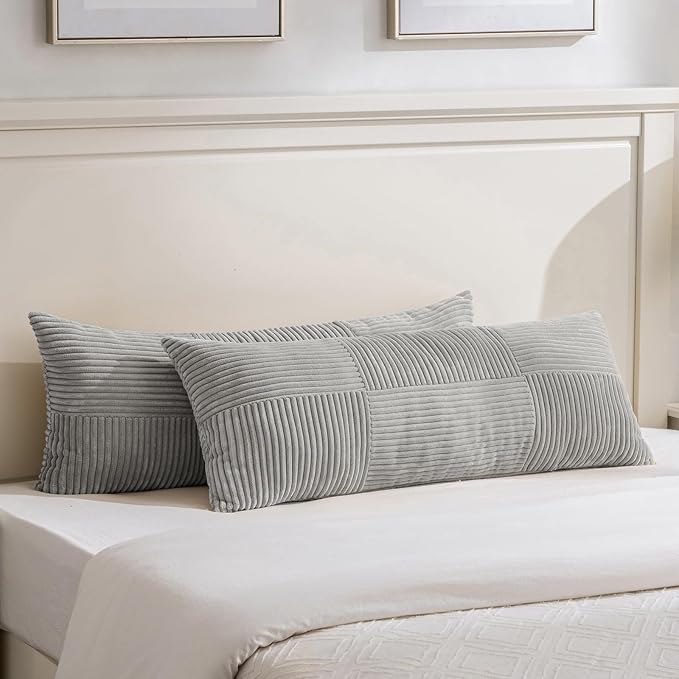 Fancy Homi Set of 2 Grey Boho Long Lumbar Body Decorative Throw Pillow Cover 14x36 Inch for Bed Couch Bedroom Bench, Soft Patchwork Corduroy Textured Pillow Case, Rustic Farmhouse Room Décor