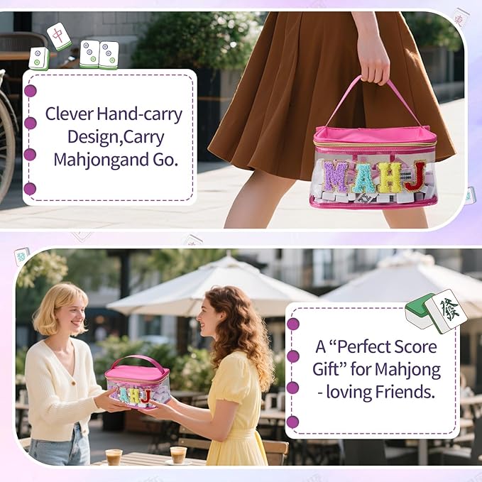 Handheld Mahjong Tile Bag, PVC Clear Mahjong Bag for 166 American Mahjong Tiles, Waterproof Mah Jong Case with Zipper & Lettters for Game Lover Gift Travel, Case Only(Hot Pink)