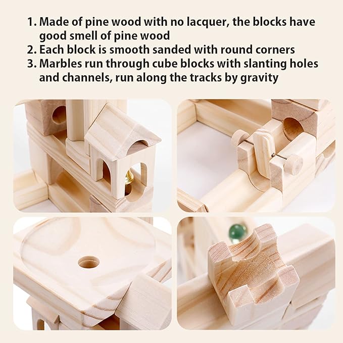 Wooden Marble Run for Kids Ages 4-8, 80 Pieces Wood Building Blocks Toys and Construction Play Set, Marble Track Maze Game STEM Learning Toys Gifts for Boys Girls (80pc Set)