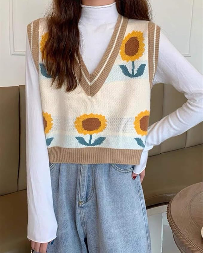 Women's Sweater Vest,Y2K Sleeveless Pattern Preppy Style Knitted Crop Tank Top for Girl