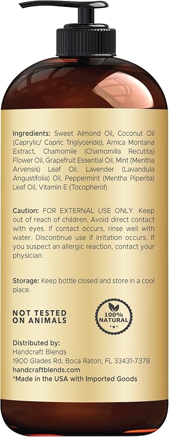 Handcraft Blends Sore Muscle Massage Oil 8 Fl Oz - Moisturizing Body Oil for Massage Therapy - Made with Arnica Extract, Chamomile, Lavender, Peppermint Oils