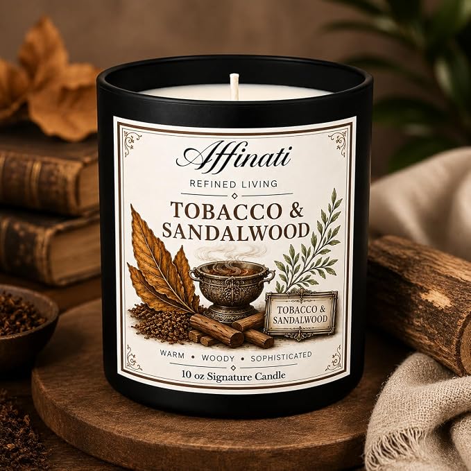 Affinati Tobacco & Sandalwood 10 oz Scented Candle – Long Lasting Luxury Soy Blend Candle for Home, Strong Scent Throw Rich Earthy Wood Masculine Candle, Premium Room Odor Eliminator Gift