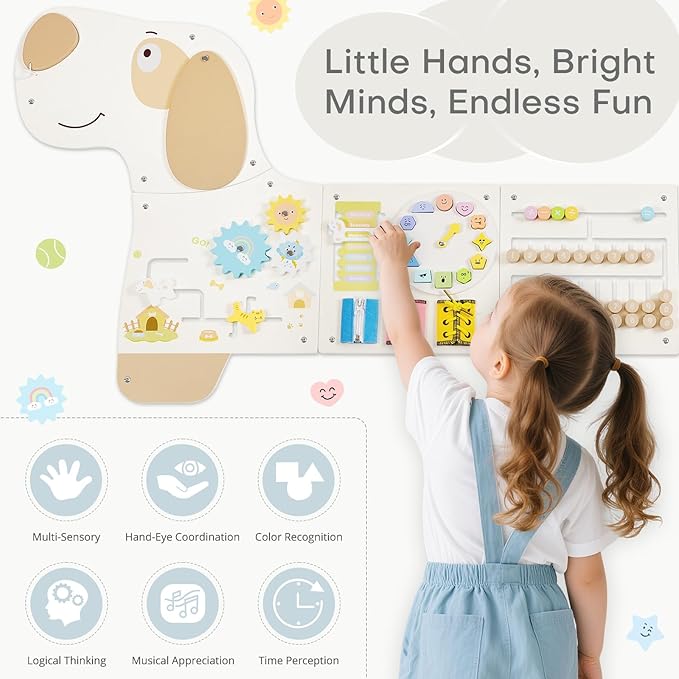 Wooden Dog Sensory Wall Panel, Montessori Wall Busy Board, Toddler Learning Activity Center, Educational Montessori Toys for for Kids Room, Preschool & Daycare