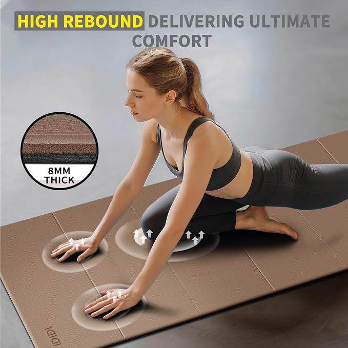 Foldable Extra Large Yoga Mat 74"×31.5", 8mm Double-Sided Non Slip Lightweight Fitness Mat for Man & Woman, Portable for Home Studio & Travel