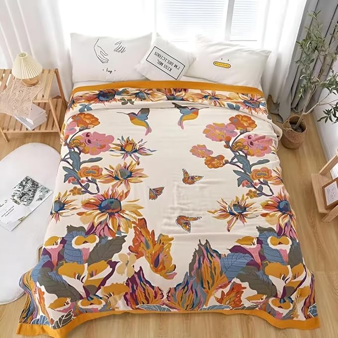 Boho Throw Blanket for Bed 100% Cotton Bohemian Blankets Ultra Soft Woven Muslin Decorative Blankets All Seasons Vintage Quilt Knitted Blanket for Sofa Chair(Yellow, 50"x60")