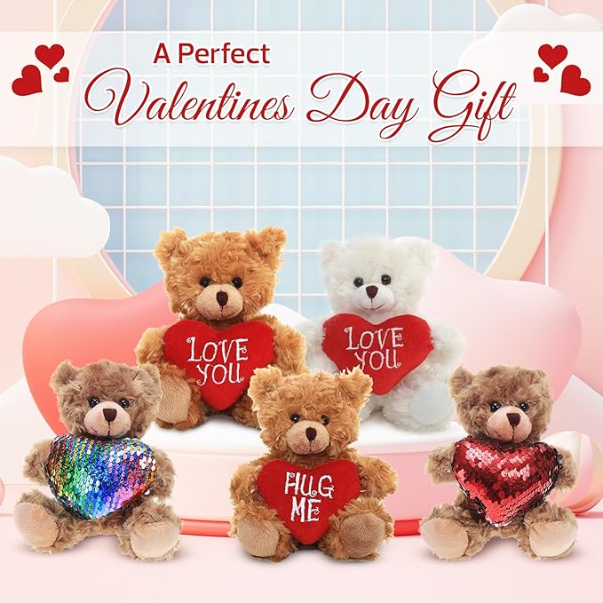 Plush Stuffed Animal Mocha Heart Bear – 2 Pack Hug Me & Love You Bears Set - Plush Toy for Kids & Adults Valentine's Day - Embroidered Red Heart Pillow - (9 inch Brown)