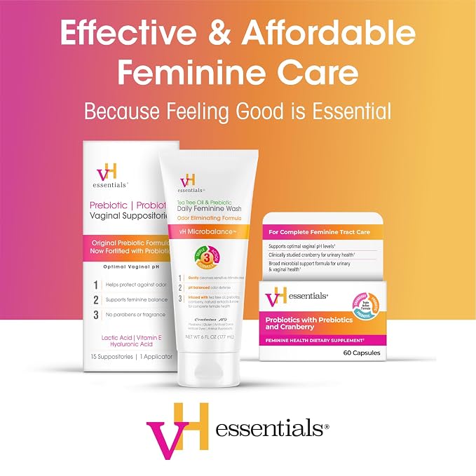 vH essentials Flushable Feminine Cleansing Wipes 32 ct. pH Balanced, Prebiotics, Tea Tree & Aloe, Soothing Witch Hazel, Odor-Blocking Formula, Paraben, Alcohol, and Fragrance-Free