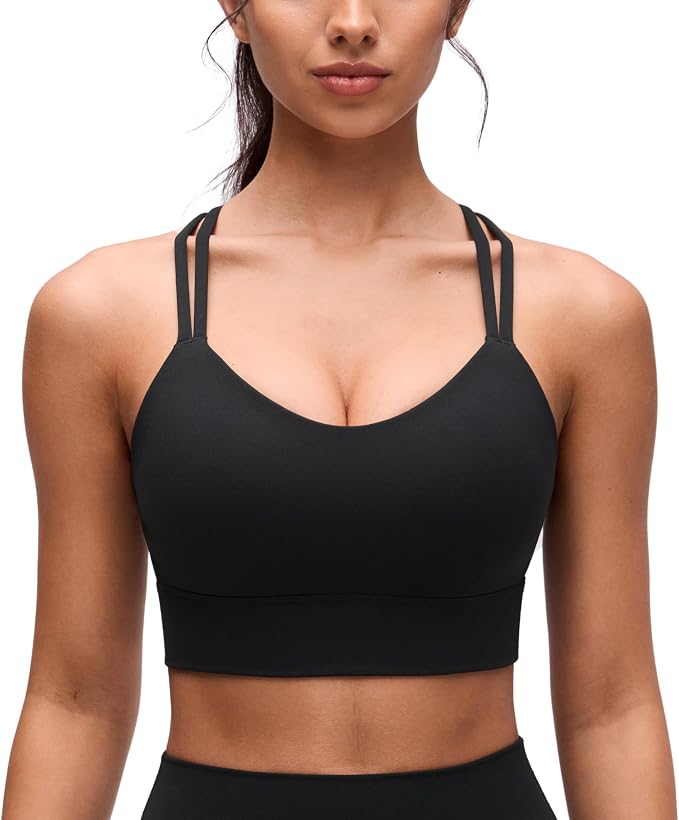 CRZ YOGA Softness Mold Butterluxe Strappy Longline Sports Bras for Women - Double Spaghetti Strap Workout Yoga Crop Top